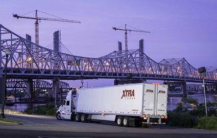 XTRA Lease dry van at dusk by Ohio River in downtown Louisville Kentucky
