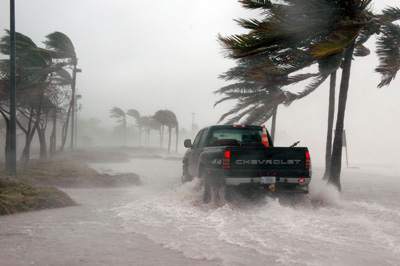 Truck driving through hurricane winds